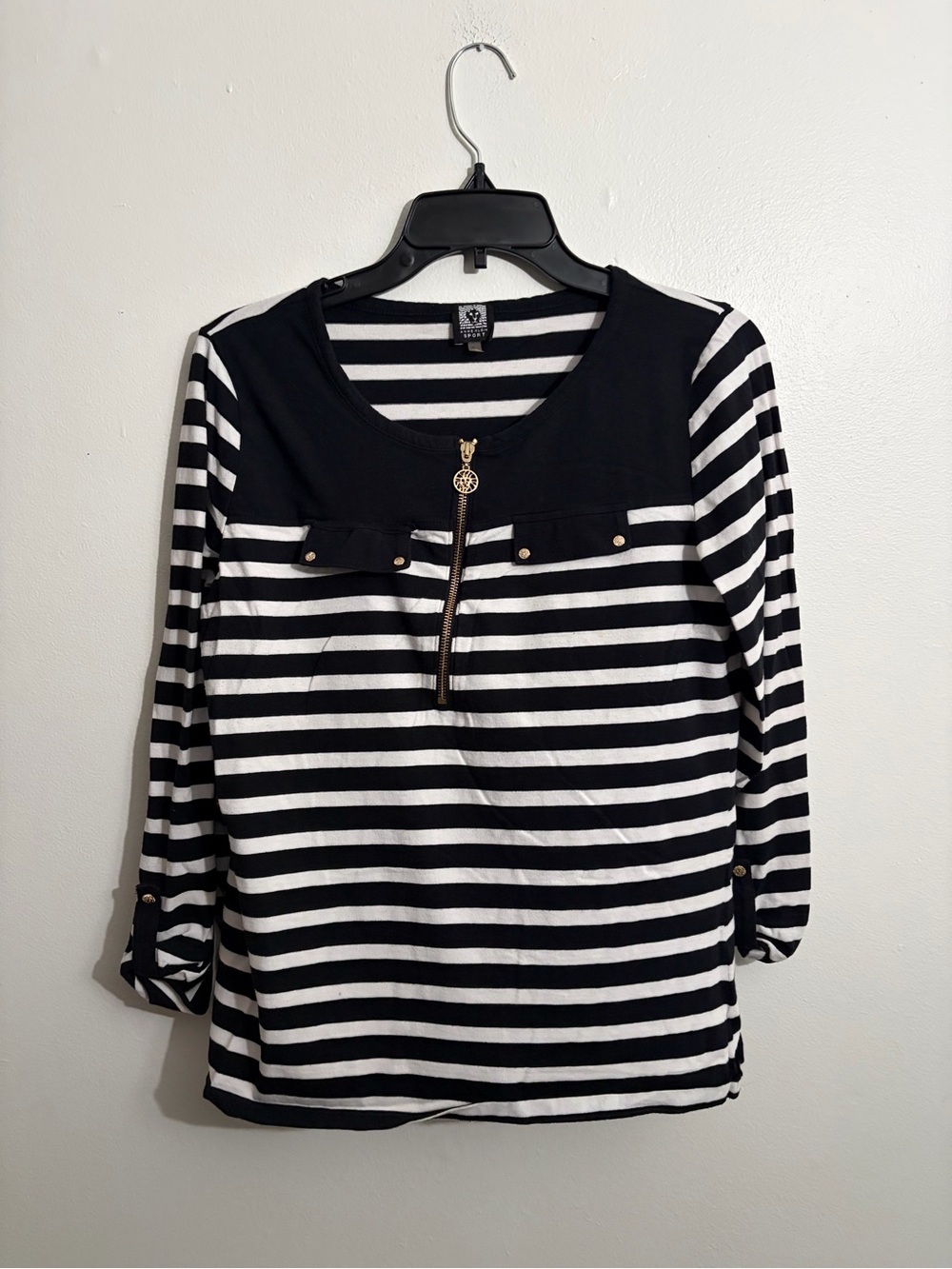Anne Klein Black and White Striped Long Sleeve Top with Gold Zip